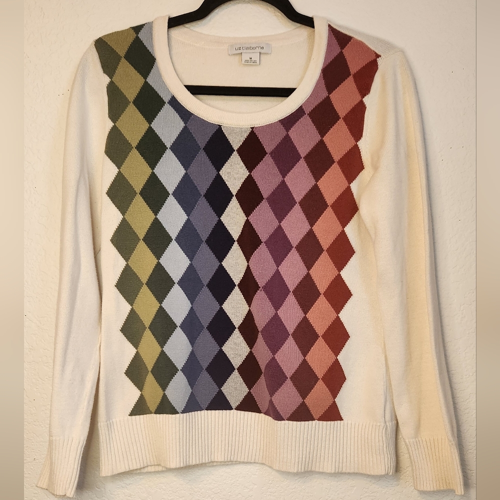 Liz Claiborne Women's Multicolored Diamonds Crewneck 100% Cotton Sweater, Size M